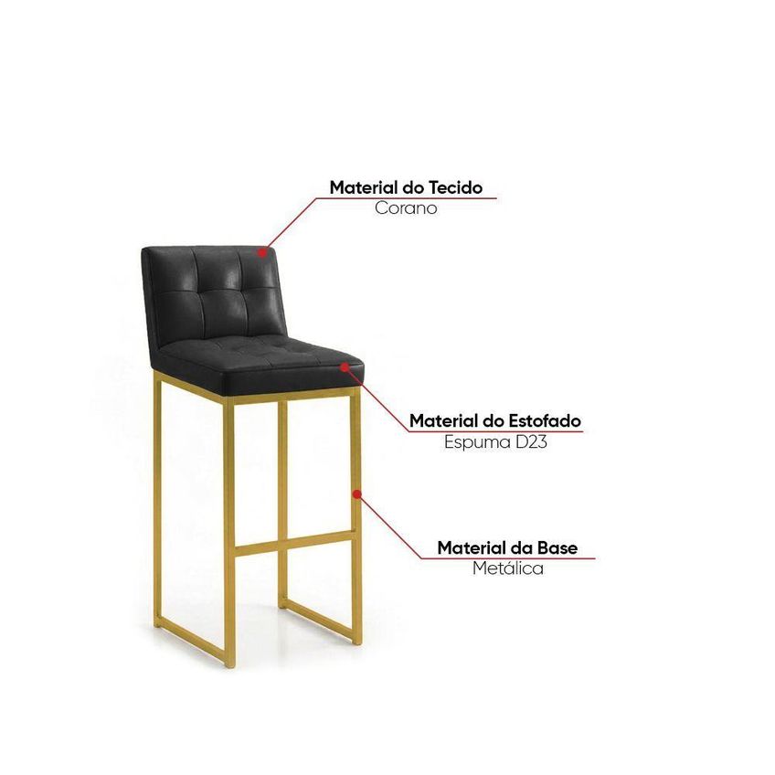 Kit 3 Banquetas Lirina Pu Base Fixa Com Encosto Industrial Preto E Dourado D'rossi - imagem 3