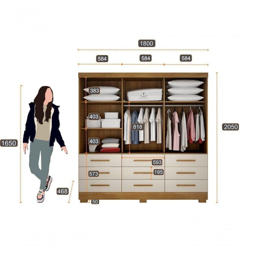 Guarda Roupa Solteiro Buriti 3 Portas De Correr 9 Gavetas Mdp Com Espelho Cumaru-fendi Móveis Novo - imagem 4