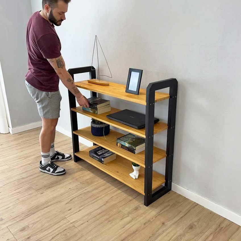 Aparador Linea Ample Moderno Sem Porta 4 Prateleiras Madeira Maciça 100cm Nozes E Preto Artfactory - imagem 4