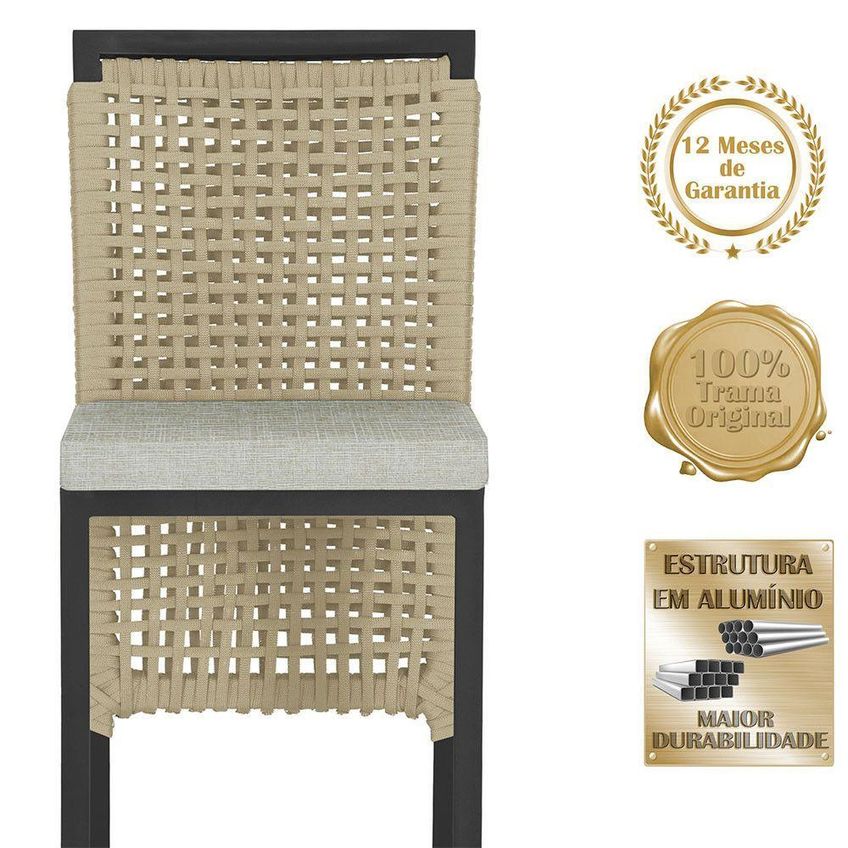 Kit 8 Banquetas Roma Alumínio Tecido Base Fixa Com Encosto Preto Trama Original - imagem 3