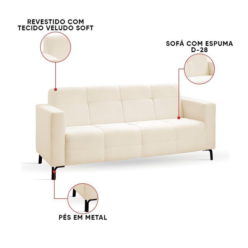 Sofá Bento 3 Lugares 180cm Off White Veludo D'rossi - imagem 5