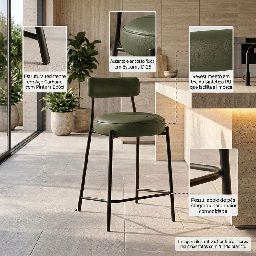 Banqueta Média Londres Pu Com Encosto Industrial Fixa Verde E Preto D'rossi - imagem 3