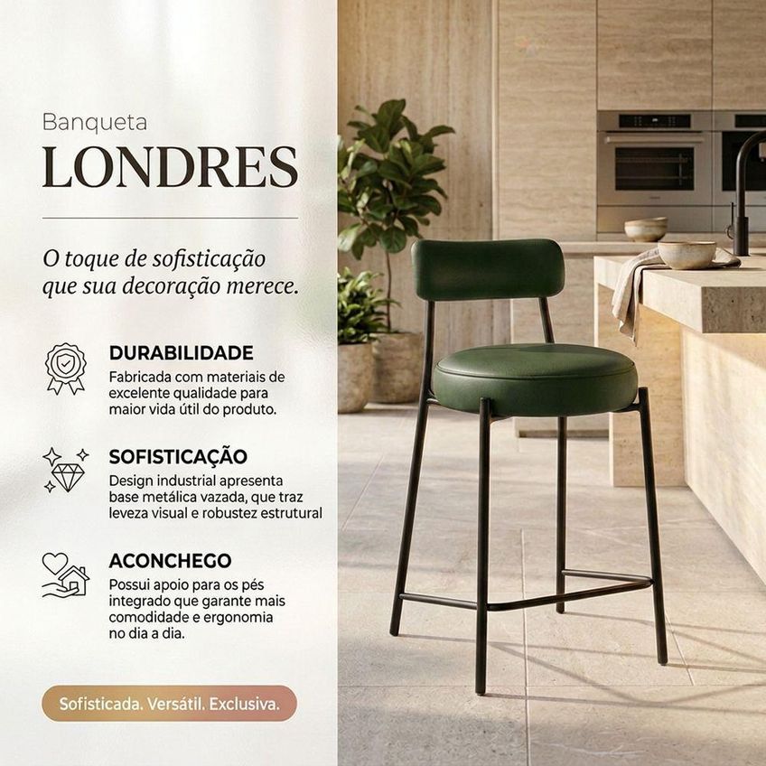 Banqueta Média Londres Pu Com Encosto Industrial Fixa Verde E Preto D'rossi - imagem 4