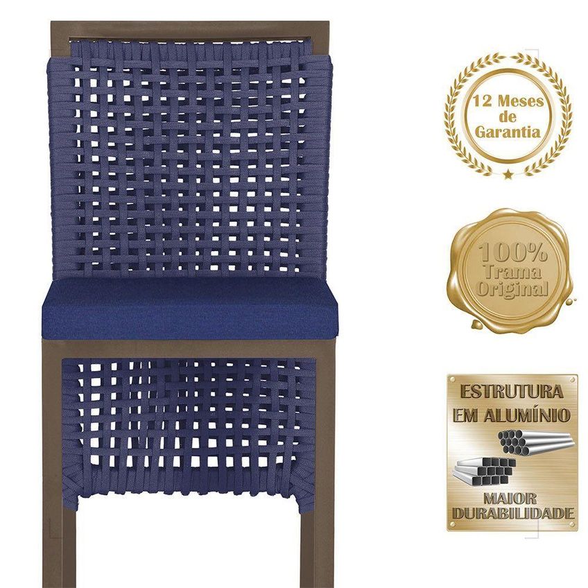 Kit 5 Banquetas Roma Alumínio Corda Náutica Encosto Fixo Marrom E Azul Trama Original - imagem 4