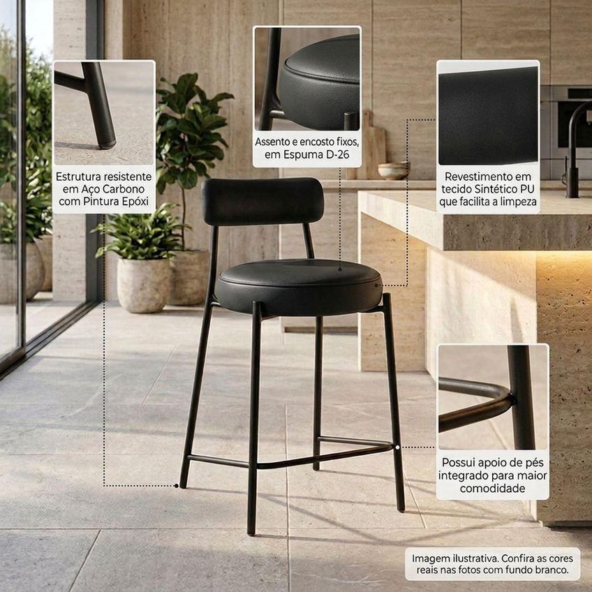 Banqueta Alta Londres Pu Assento Em Courino Base Fixa Com Encosto 75cm Preto D'rossi - imagem 3