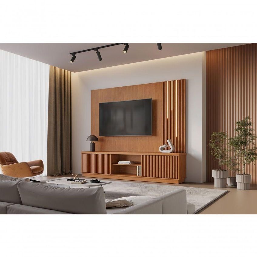 Painel Com Rack Valencia Para TV 75" 220cm MDF-MDP Com LED Amadeirado Mavaular - imagem 4