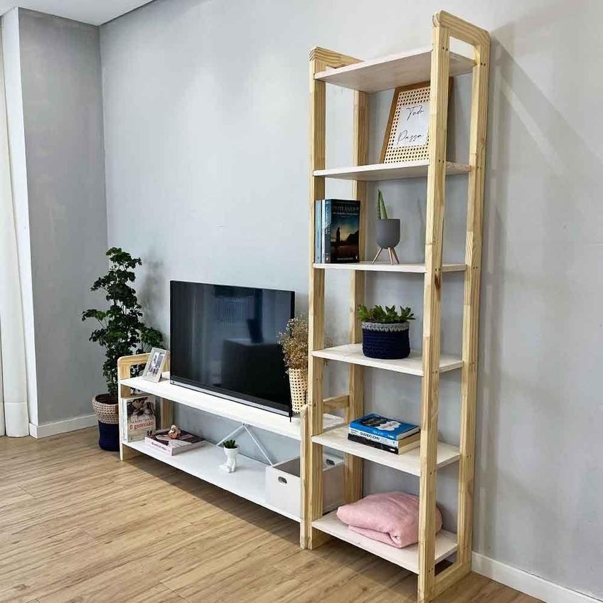 Rack TV Slim Linea 141,5cm Madeira Pinus Com Estante Branco E Natural Artfactory Design 6 - imagem 3