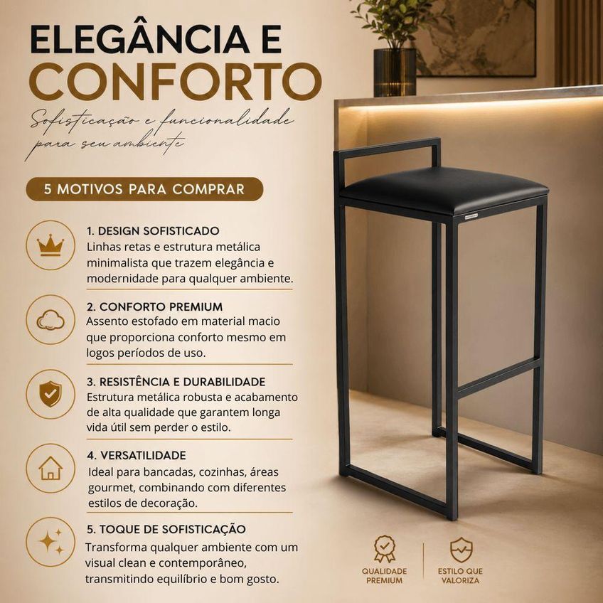 Kit 4 Banquetas Altas Couro Sintético Base Aço Com Encosto Preto Isa Estofados - imagem 3