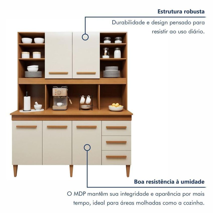 Kit Cozinha Compacta Atenas 5 Portas 3 Gavetas Mdp 160cm Off White Kaiki - imagem 4