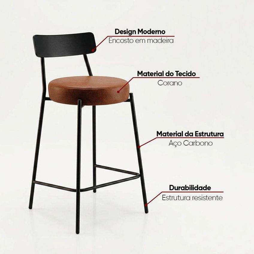 Banqueta Cozinha Alta Londrina Pu D03 Assento Pu Base Aço Com Encosto Fixo 95cm Preto Kit 4 D'rossi - imagem 4
