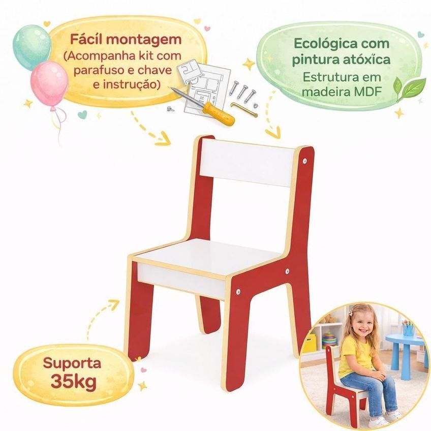 Cadeira Infantil Montessori MDF com Encosto Educativa Vermelha Yeet - imagem 3