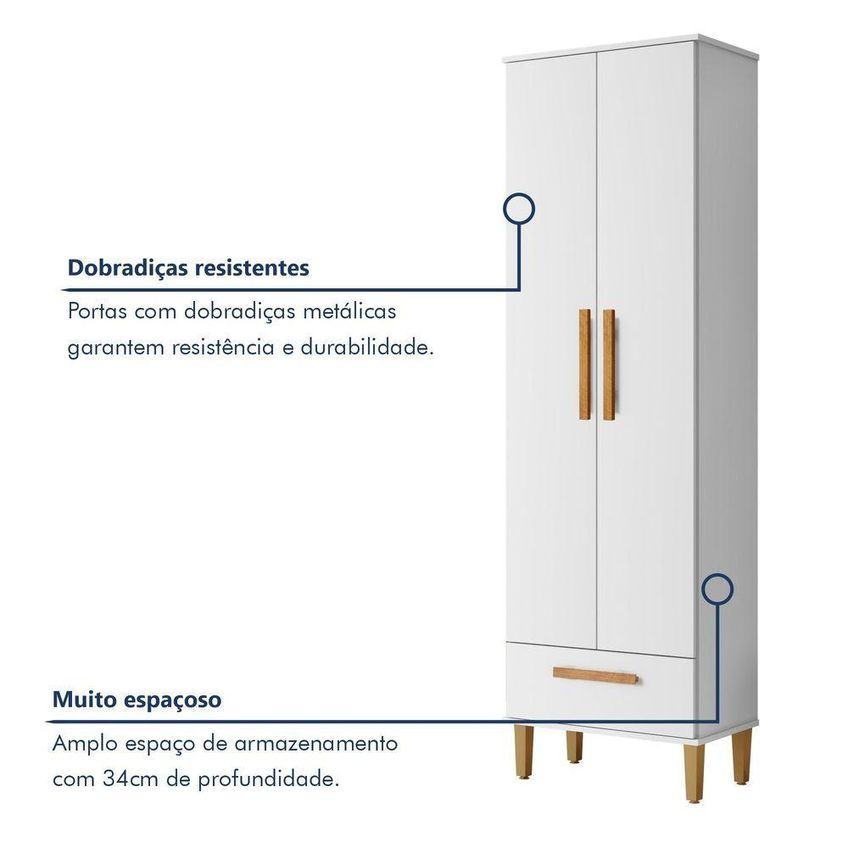 Armário Multiuso Natal 2 Portas 1 Gaveta MDP 60cm Branco Fosco Kaiki Móveis - imagem 3