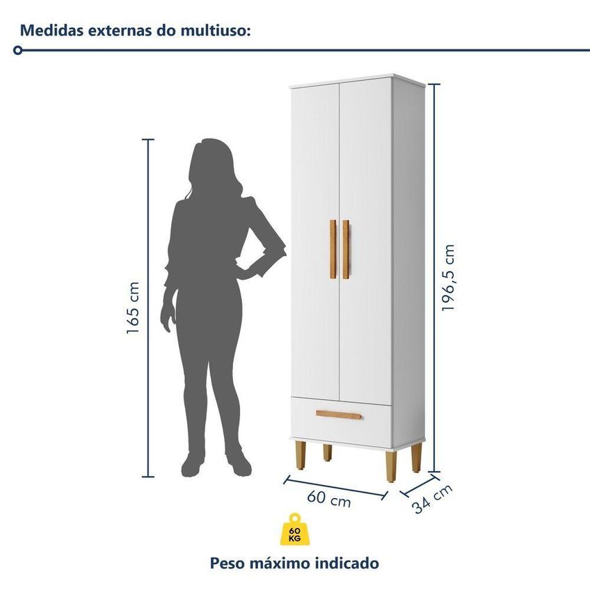 Armário Multiuso Natal 2 Portas 1 Gaveta MDP 60cm Branco Fosco Kaiki Móveis - imagem 5
