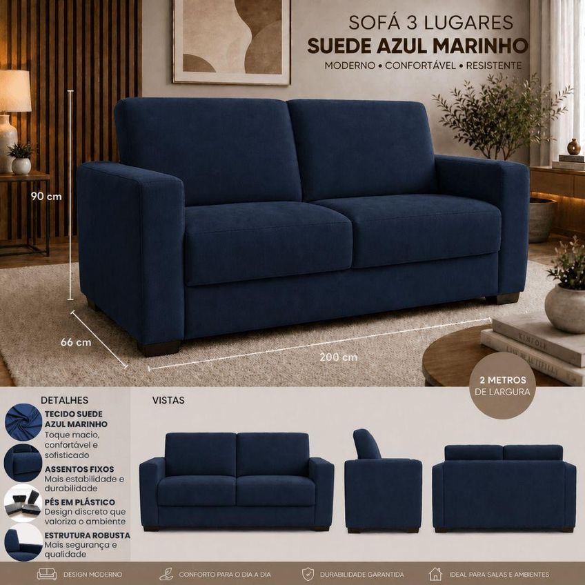 Sofá Namoradeira 3 Lugares 200cm Azul Suede - imagem 3