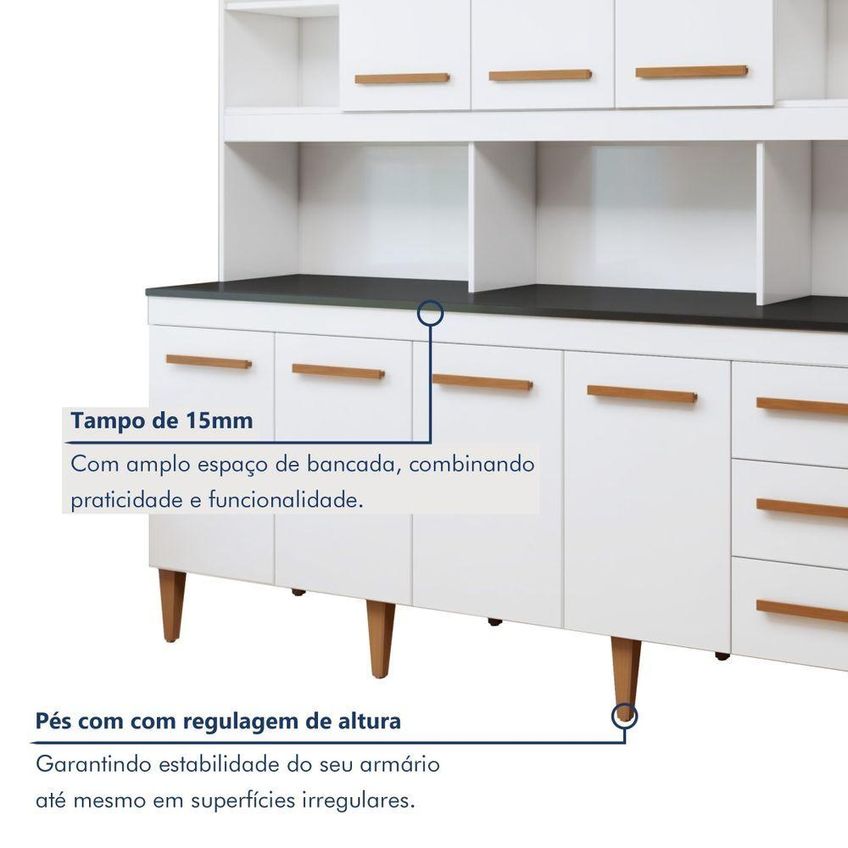 Cozinha Compacta Atenas 7 Portas 3 Gavetas MDP 201cm Branco Kaiki Móveis - imagem 3