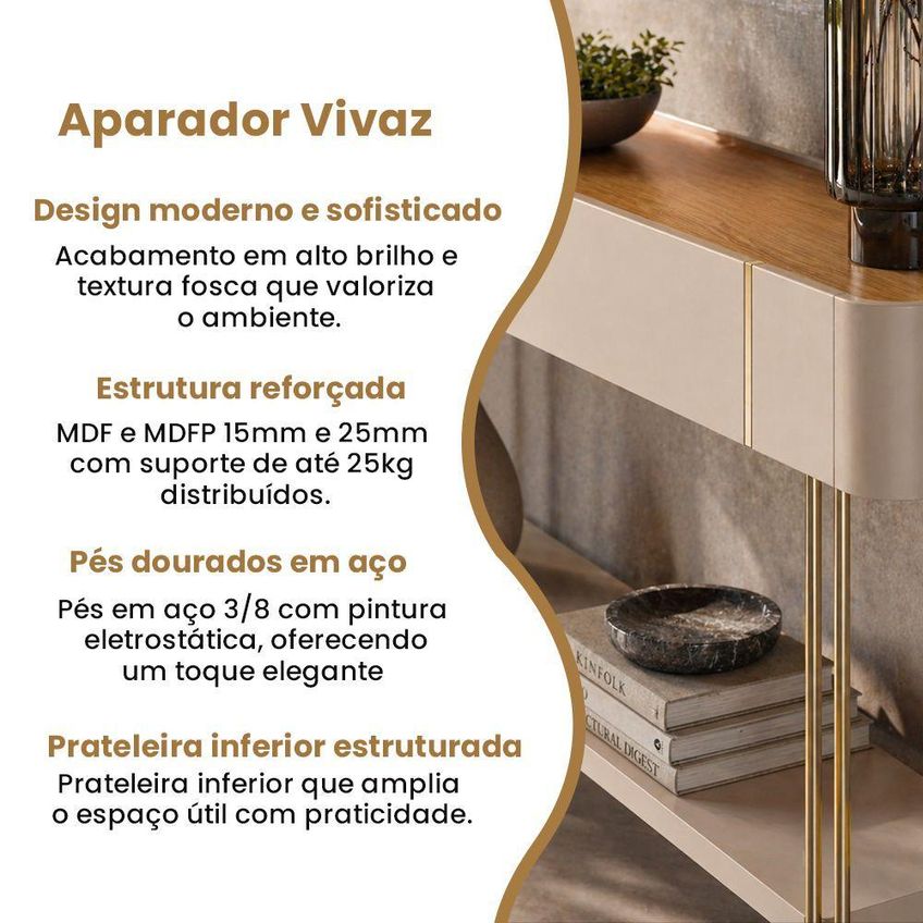Buffet Aparador Vivaz Contemporaneo MDF 160cm Carvalho Off White Pés Metal Dourados - imagem 2