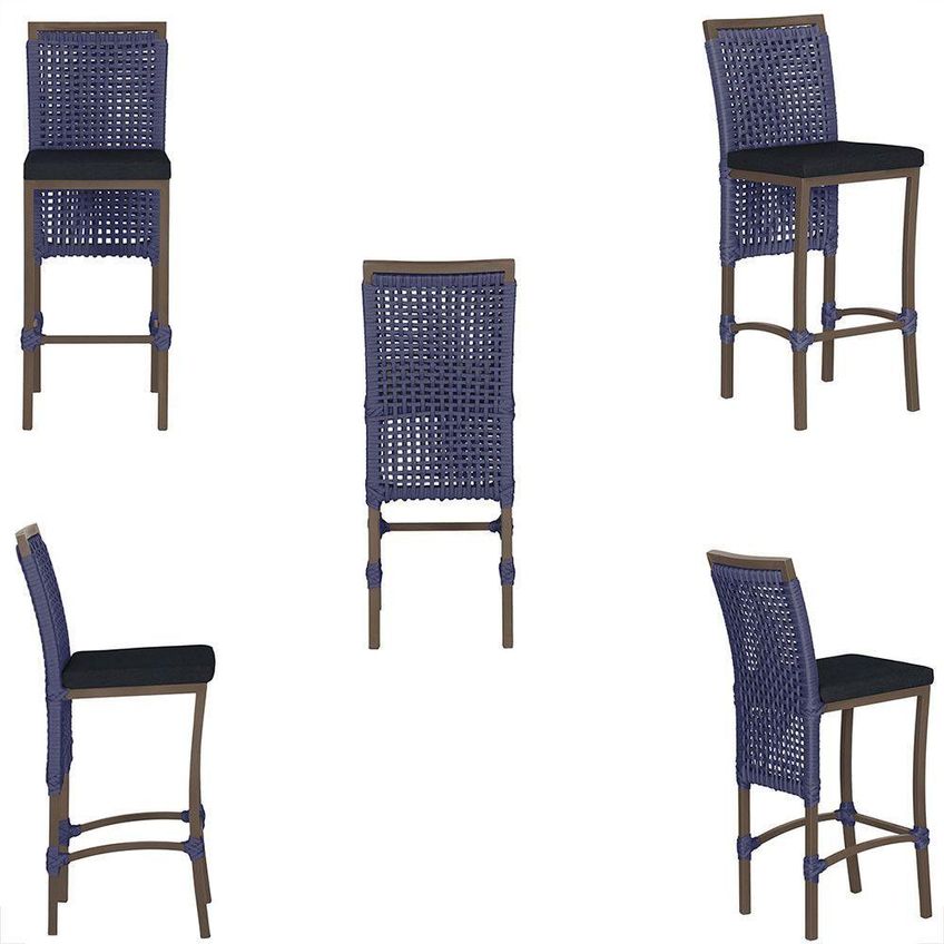 Kit 3 Banquetas Roma Tecido Alumínio Com Encosto Azul E Marrom Trama Original - imagem 3