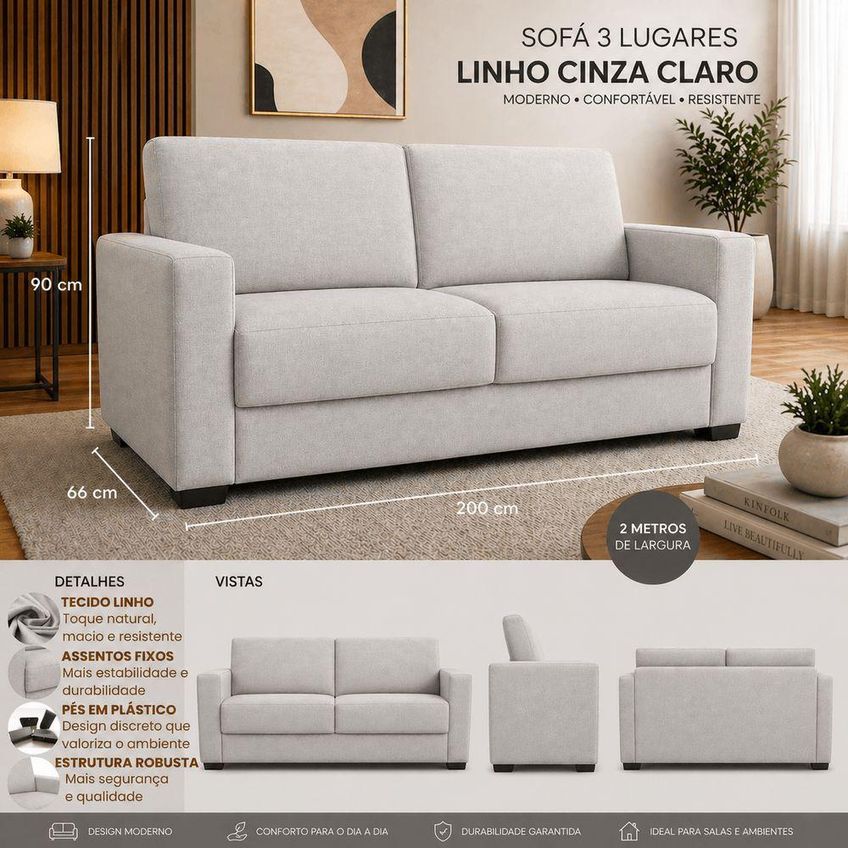 Sofá Namoradeira 3 Lugares 200cm Cinza Linho Black House Decor - imagem 3