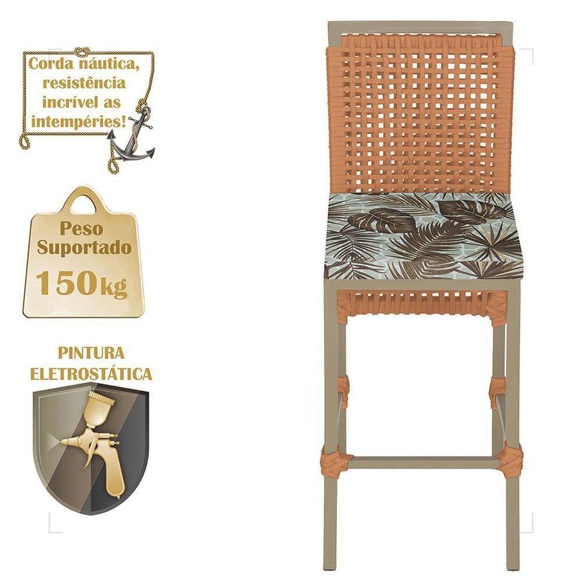 Kit 8 Banquetas Roma Alumínio Assento Tecido Fixo Corda Náutica Marrom Trama Original - imagem 4