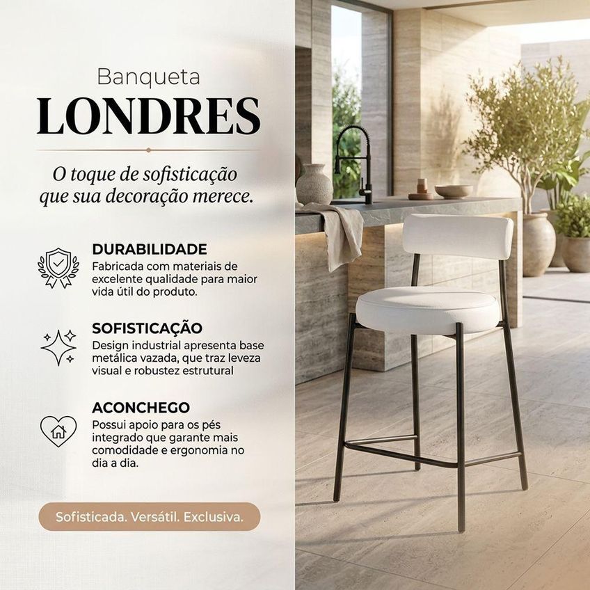 Banqueta Alta Londres Pu D03 Assento Pu Base Fixa Com Encosto 75cm Branco D'rossi - imagem 3