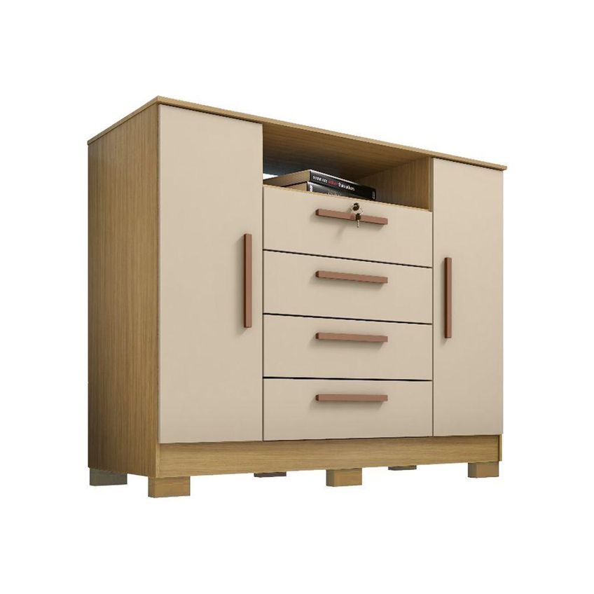 Comoda London 4 Gavetas 2 Portas Mdp Puxador Abs Carvalho Off White - imagem 3