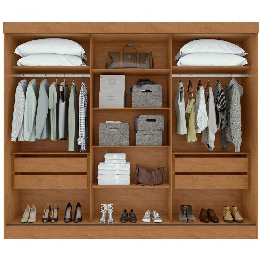 Guarda Roupa Casal Nice 3 Portas De Bater 4 Gavetas Mdp Com Espelho Amendoa Clean Móveis Lopas - imagem 3