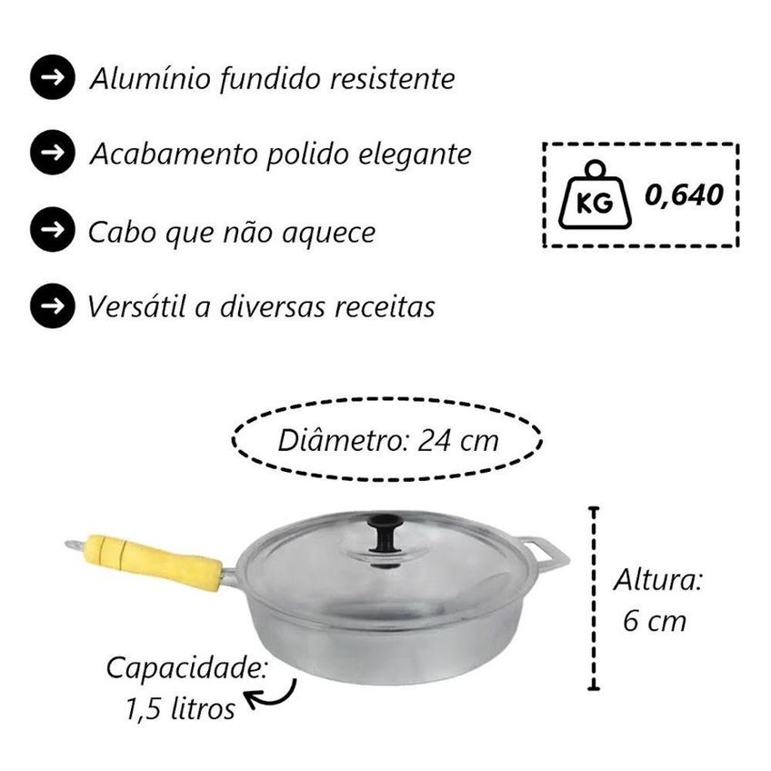 Frigideira Alumínio Fundido Polida Cabo De Madeira 24cm 1,5l Diviforte - imagem 3