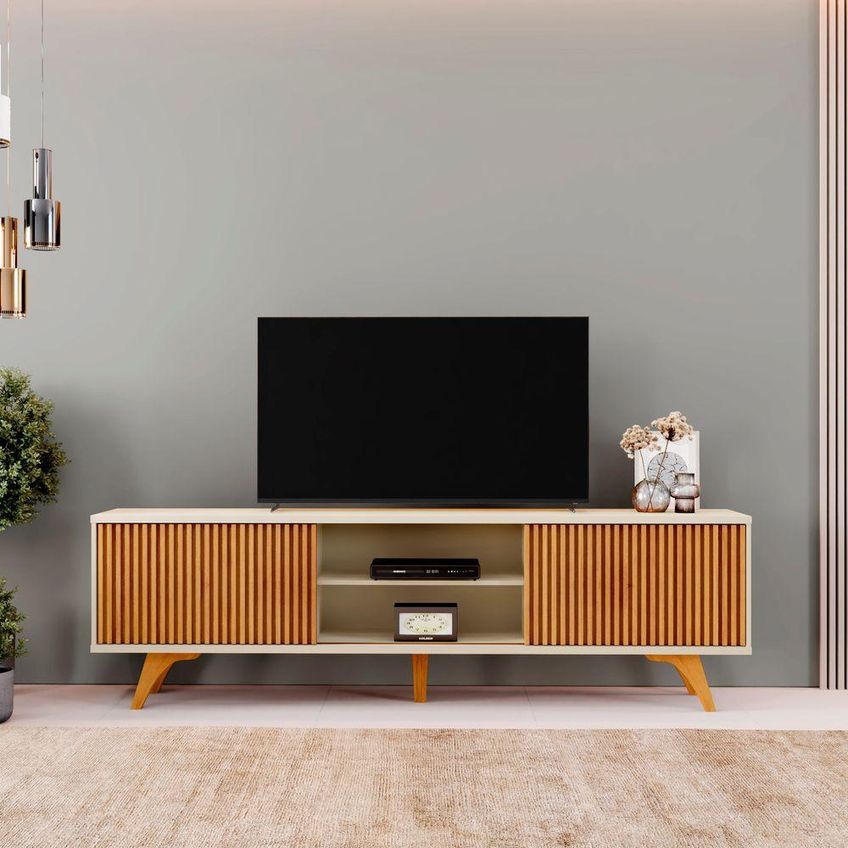 Rack Siena 220 220cm MDF com Pés Retos Off White e Naturale Mavaular Móveis - imagem 4
