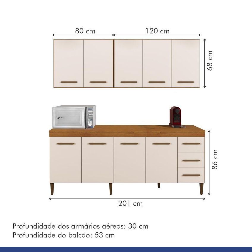 Cozinha Compacta Atenas 9 Portas 3 Gavetas MDF-MDP 201cm Off White Kaiki Móveis - imagem 3