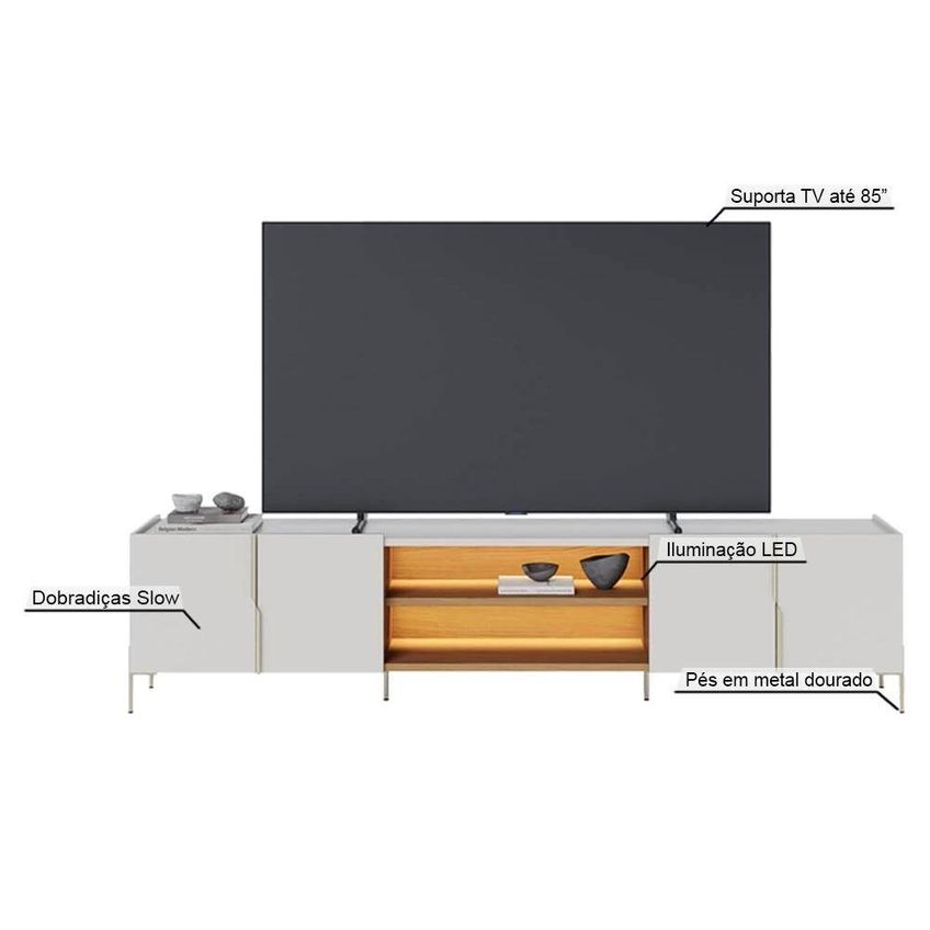 Rack Bancada Maggiore Para TV 85" 240cm MDP com LED Off White e Freijó Colibri Móveis - imagem 5