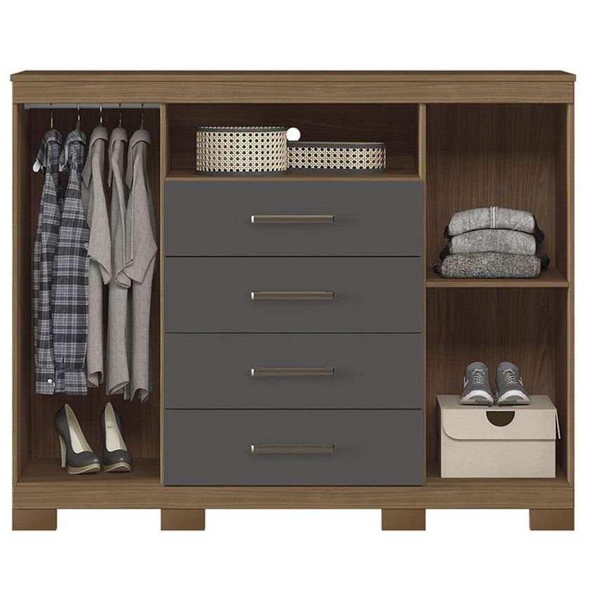 Guarda Roupa Casal Com Cômoda Buriti 4 Portas De Bater 6 Gavetas Mdf-mdp Jatobá Grafite Acetinado - imagem 5