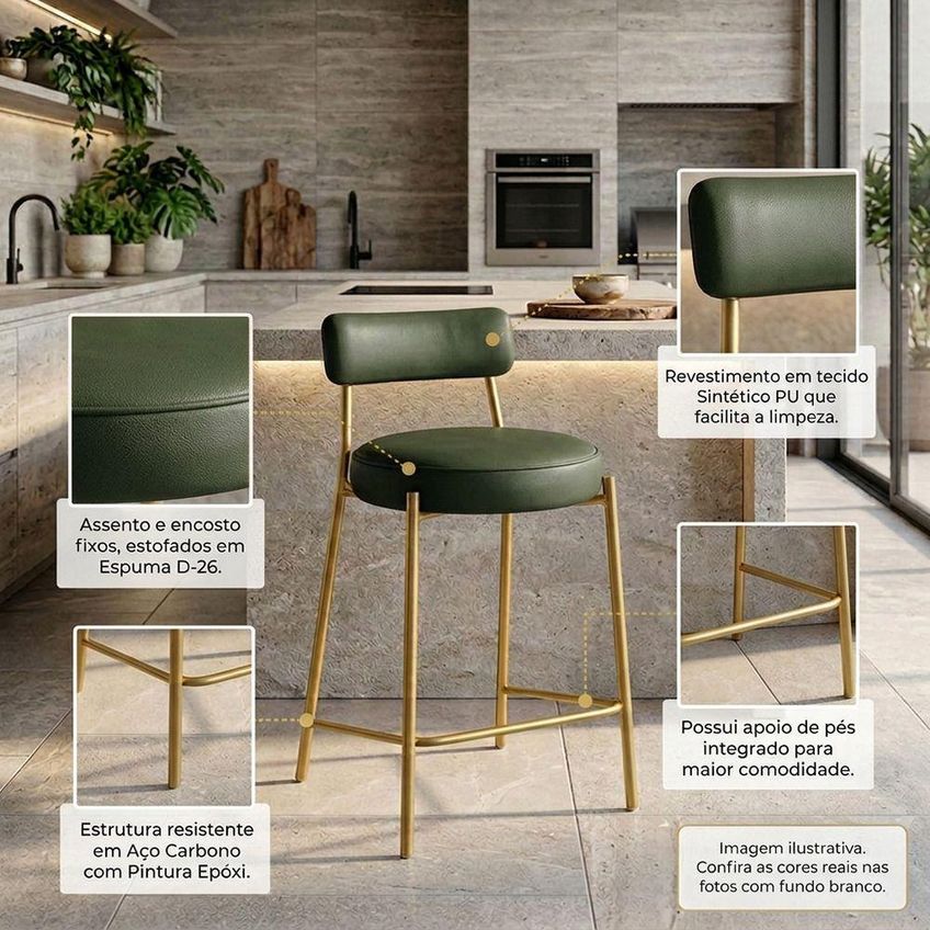Banqueta Alta Londres Pu Base Fixa Encosto Fixo Industrial Cozinha Verde D'rossi - imagem 3