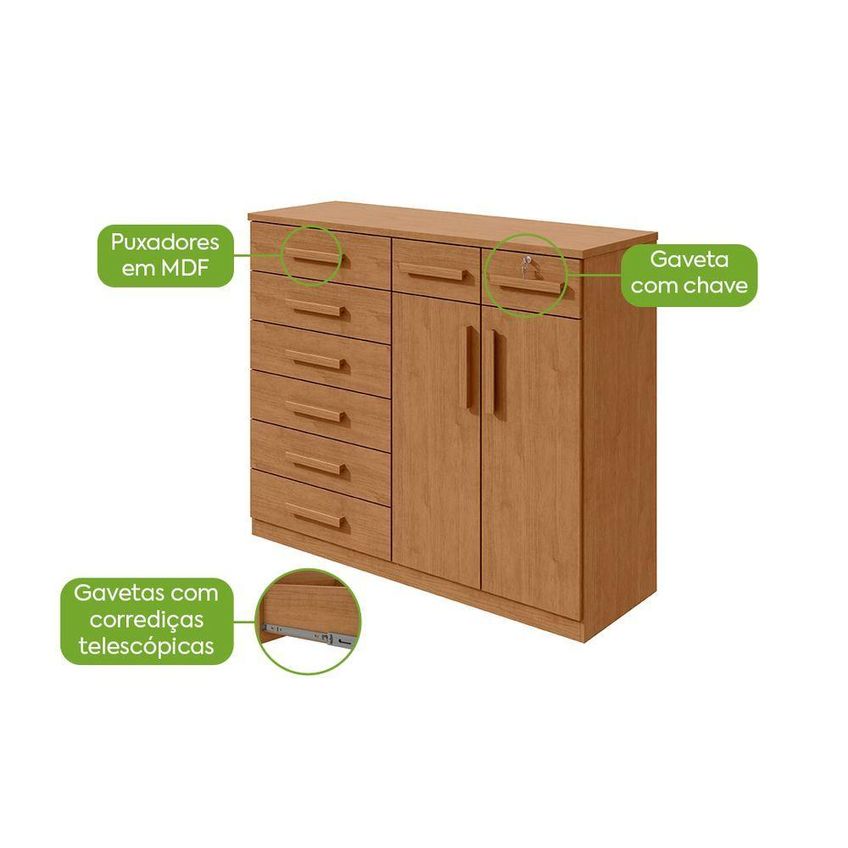 Cômoda Toronto 8 Gavetas MDF MDP Puxador MDF Amêndoa Móveis Lopas - imagem 5