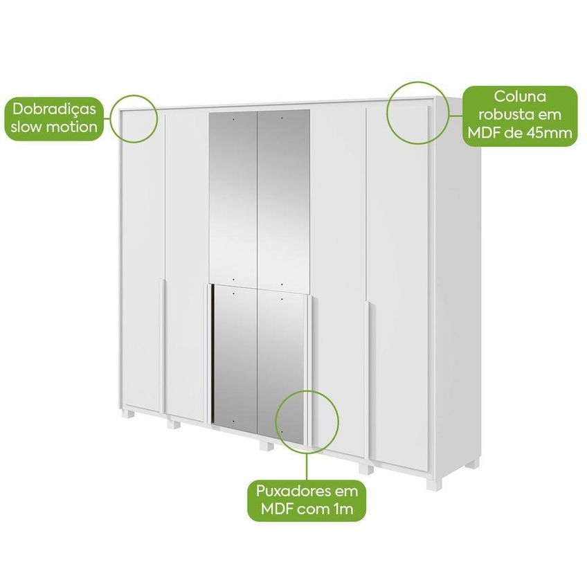 Guarda Roupa Casal Imperatore 6 Portas De Bater 6 Gavetas MDF Com Espelhos Branco Móveis Lopas - imagem 3