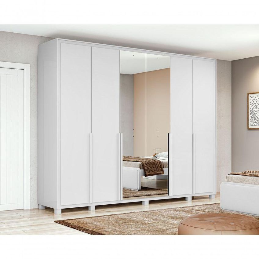 Guarda Roupa Casal Imperatore 6 Portas De Bater 6 Gavetas MDF Com Espelhos Branco Móveis Lopas - imagem 5