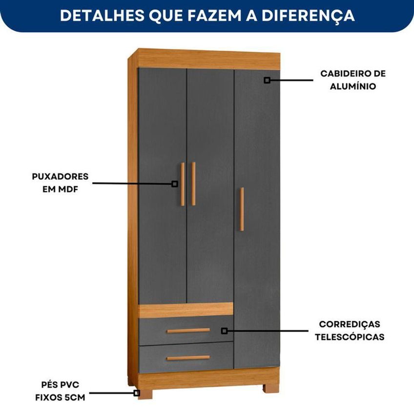 Guarda Roupa New Recife 3 Portas Giratórias Mdp Freijó E Grafite Pallazio - imagem 2