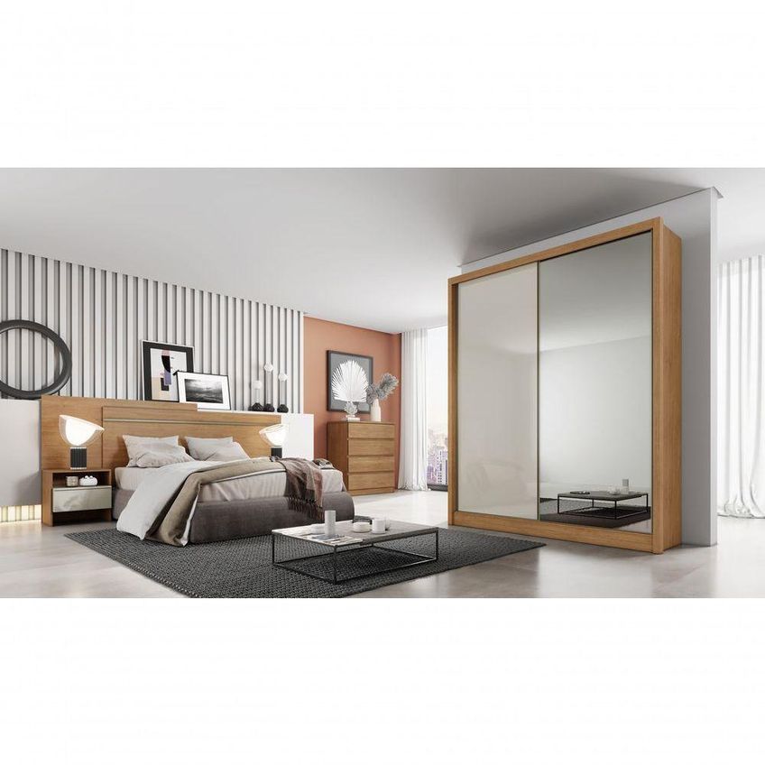 Guarda Roupa Casal Virtus Plus 2 Portas De Correr 3 Gavetas MDF Com Espelho Cumaru-Fendi - imagem 4
