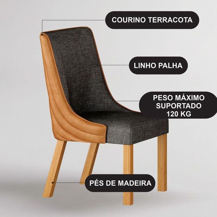 Cadeira Para Mesa De Jantar Belle Kit 2 Peças Madeira Com Tecido Linho Terracota Leifer Móveis - imagem 5