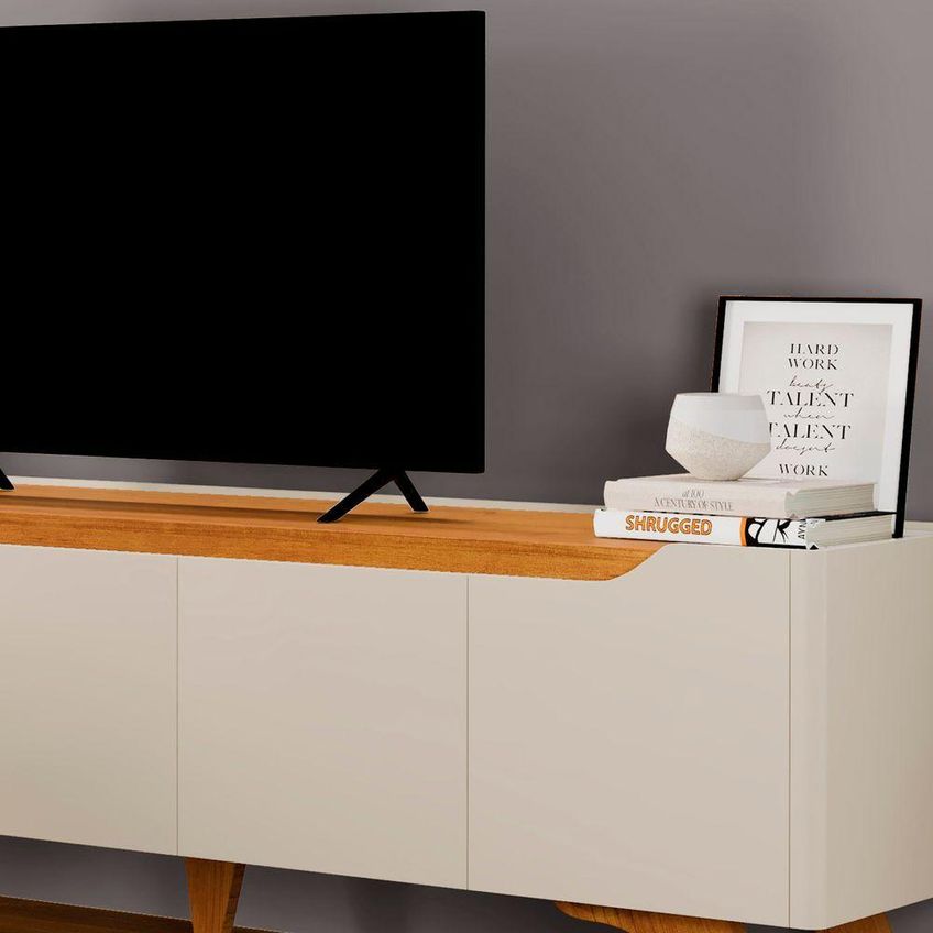 Rack Atenas 220 Para TV 220cm MDF Com Prateleiras Off White E Naturalle Mavaular Móveis - imagem 3