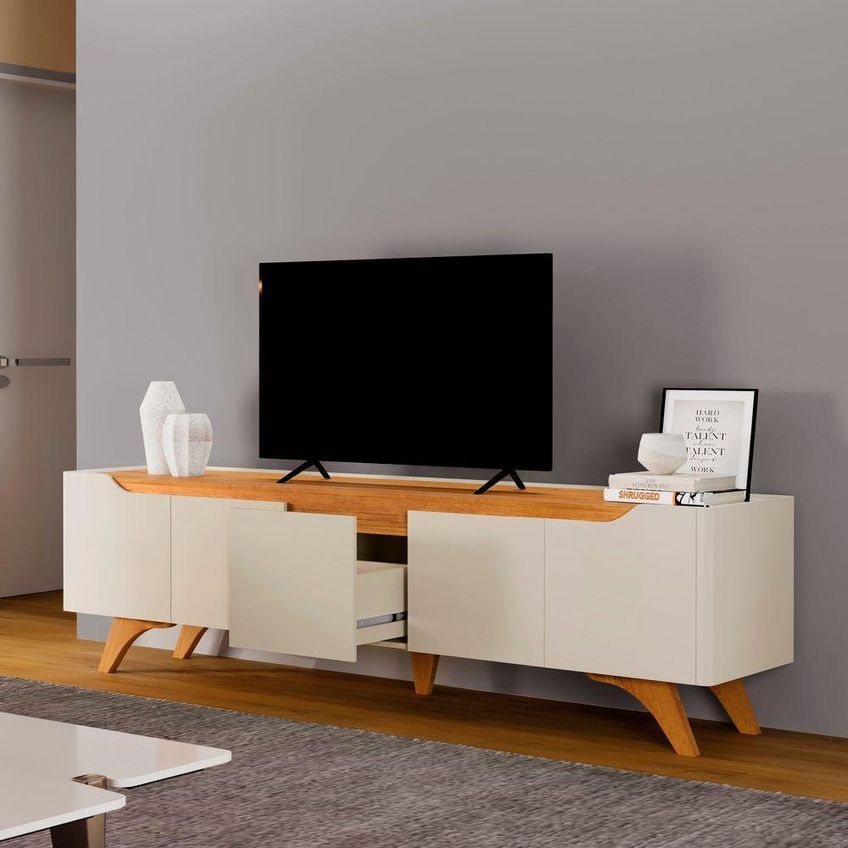 Rack Atenas 220 Para TV 220cm MDF Com Prateleiras Off White E Naturalle Mavaular Móveis - imagem 4