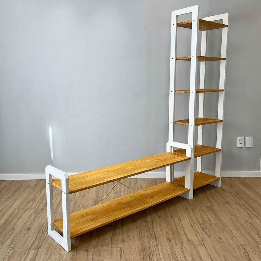 Rack TV Linea 141.5cm Madeira Pinus Com Estante 6 Prateleiras Nozes E Branco Artfactory Design - imagem 2