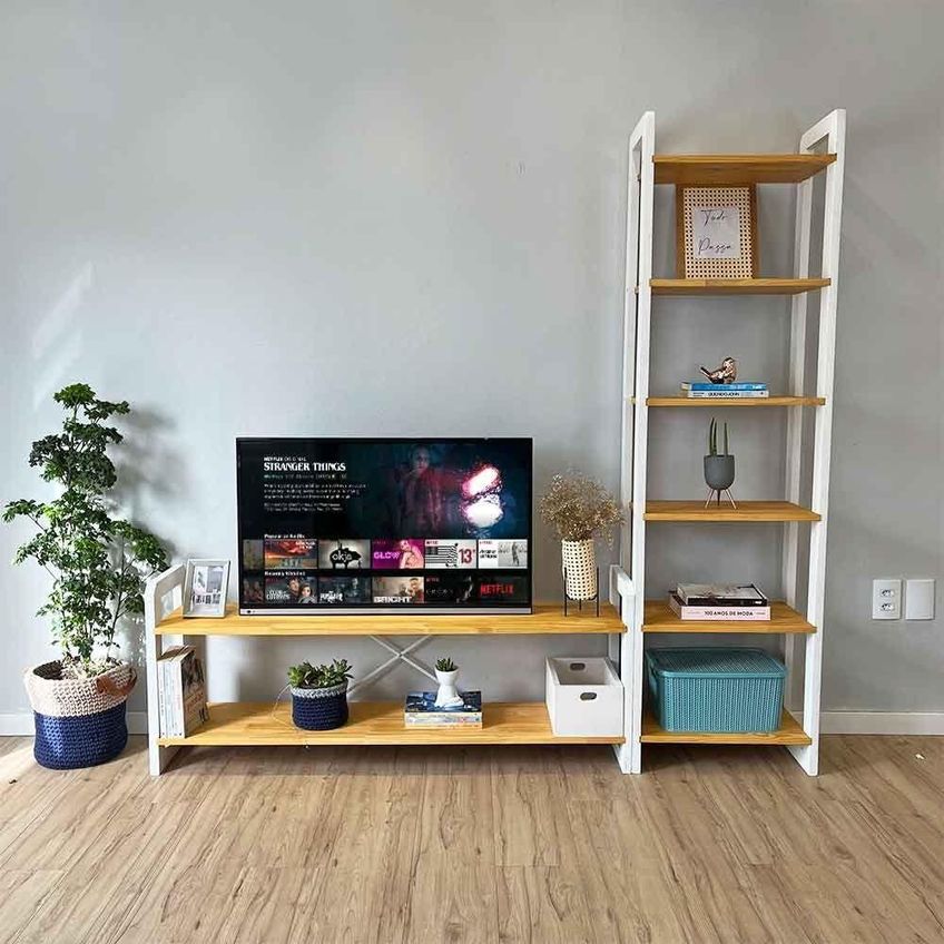 Rack TV Linea 141.5cm Madeira Pinus Com Estante 6 Prateleiras Nozes E Branco Artfactory Design - imagem 4