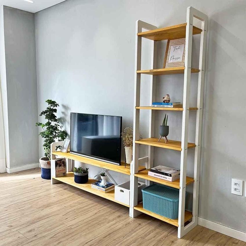 Rack TV Linea 141.5cm Madeira Pinus Com Estante 6 Prateleiras Nozes E Branco Artfactory Design - imagem 5