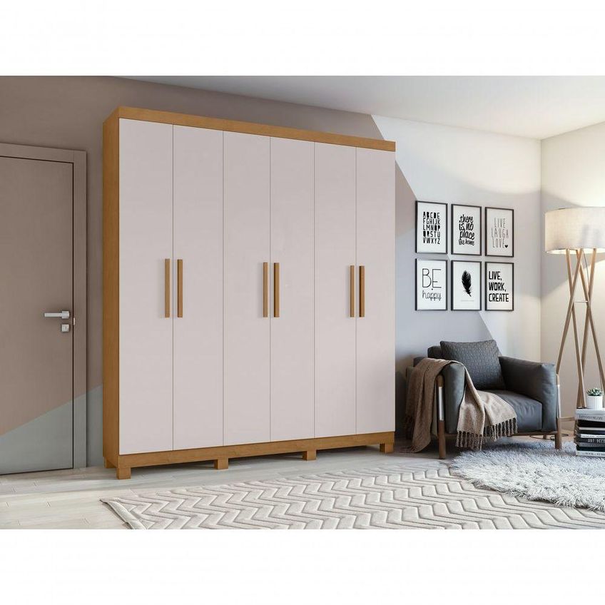 Guarda Roupa Casal Jazz 6 Portas De Bater 3 Gavetas Mdf-mdp Amendoa Clean-off White Móveis Lopas - imagem 4
