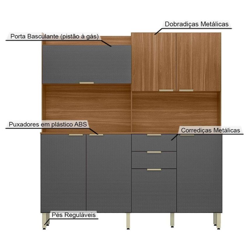 Cozinha Compacta Pitaya 7 Portas 2 Gavetas MDP-MDF 178cm Amêndoa Grafite Demóbile - imagem 4