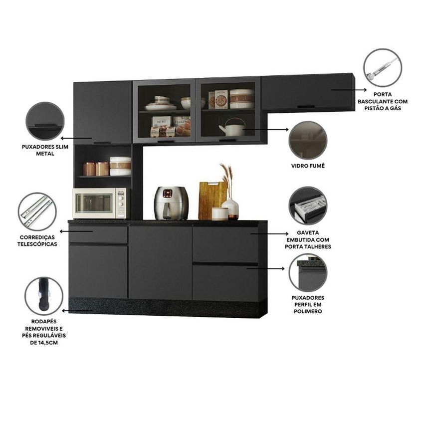 Cozinha Modulada Etna Flex 6 Portas 4 Gavetas Mdp 258cm Grafite Pallazio - imagem 3