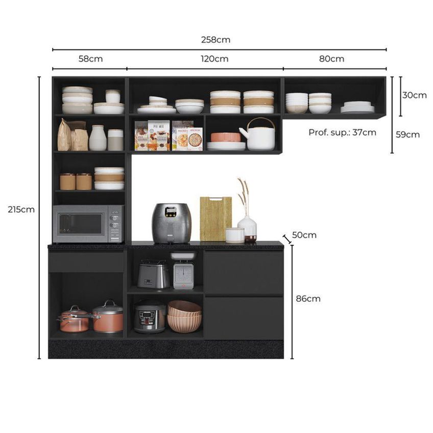 Cozinha Modulada Etna Flex 6 Portas 4 Gavetas Mdp 258cm Grafite Pallazio - imagem 4