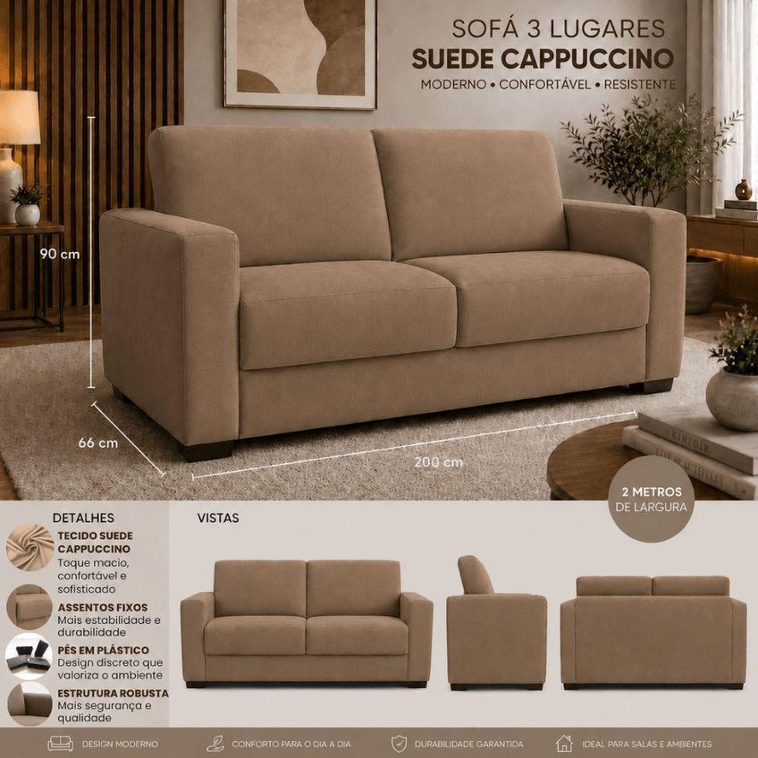 Sofá Namoradeira 3 Lugares 200cm Cappuccino Suede Tatite Decor - imagem 5