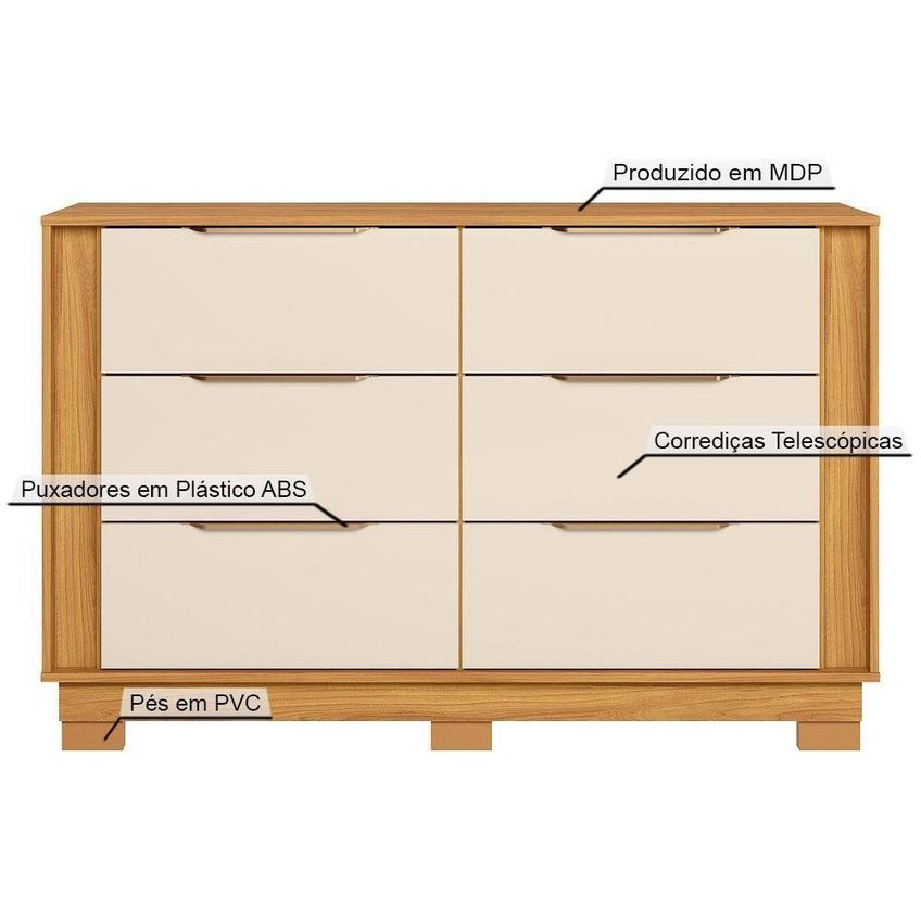Cômoda Giardino 6 Gavetas MDP Puxador Plástico Off White Demóbile - imagem 3