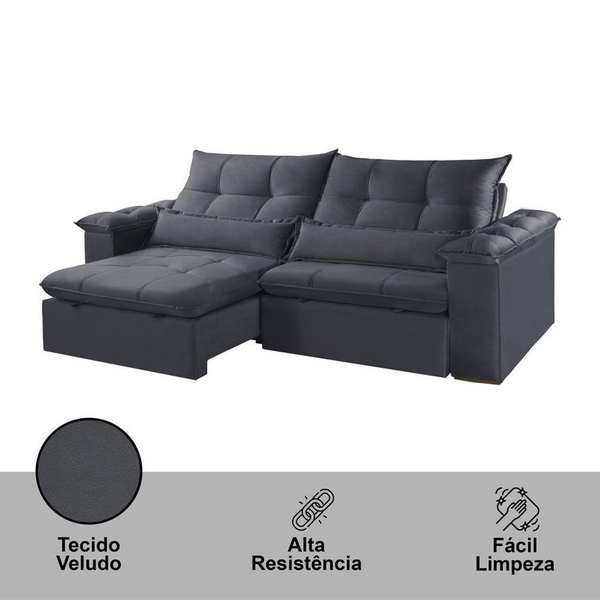 Sofá B010 3 Lugares Retrátil E Reclinável 210cm Cinza Escuro Veludo Meu Sofá Online - imagem 4
